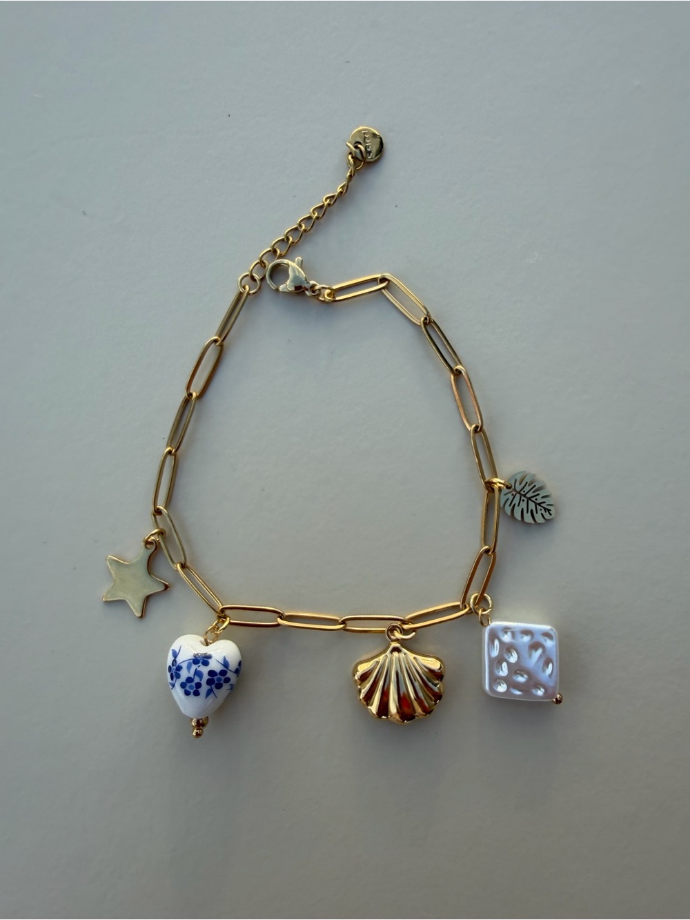 Dainty Stainless Steel Gold Link Bracelet Heart Star Seashell Porcelain